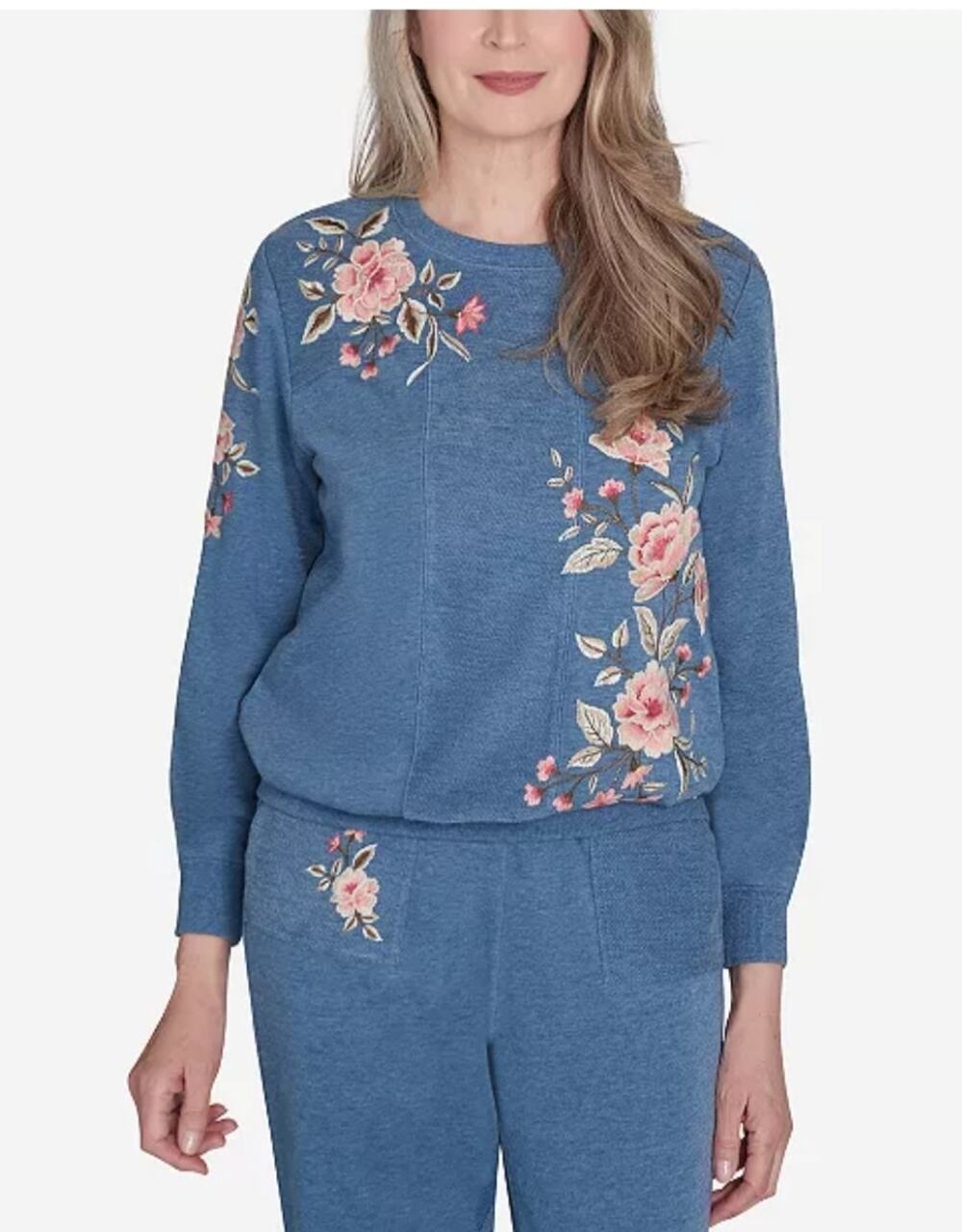 5953 Alfred Dunner 2pcs Casual Friday Cozy Floral Embroidery Top (L) Pants (M)